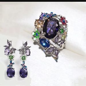 Silver amethyst and crystal earrings and ring flower statement boho set